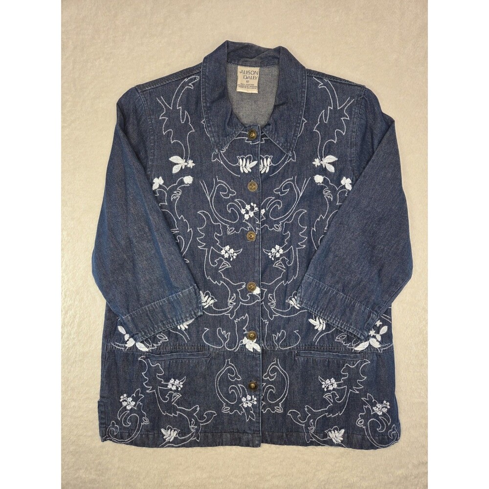 Vintage Allison Daley Blue Embroidered Floral Denim Jacket 3/4 Sleeve Size 12
